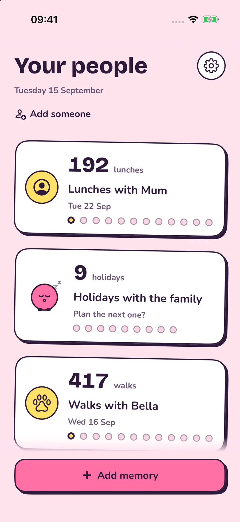 The manymore app shows lunches with Mum, family holidays, and walks with Bella, with a date for the next plan and an Add memory button.